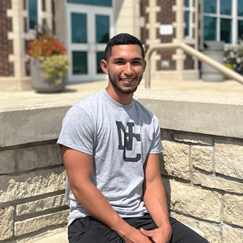 Student by Geyer stairs